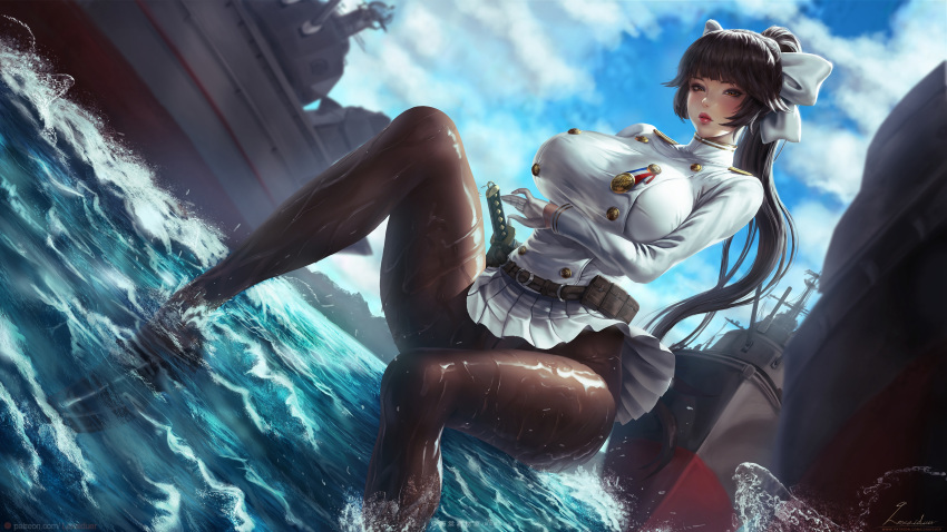 1girl absurdres aiguillette animal_ears artist_name azur_lane bangs battleship belt belt_pouch black_footwear black_hair blue_sky blunt_bangs blush bow breasts brown_eyes brown_legwear cloud cloudy_sky crotch_seam day eyebrows_visible_through_hair gloves hair_bow hair_ears hair_flaps high_collar high_ponytail highres katana knee_up large_breasts lexaiduer lips loafers long_hair long_ponytail long_sleeves looking_at_viewer military military_uniform military_vehicle miniskirt outdoors paid_reward panties panties_under_pantyhose pantyhose parted_lips partially_submerged patreon_reward patreon_username pleated_skirt ponytail pouch ready_to_draw scabbard sheath sheathed ship shoes sidelocks sitting skin_tight skirt sky solo sword takao_(azur_lane) thighband_pantyhose underwear uniform utility_belt warship water watercraft watermark weapon web_address wet wet_clothes wet_pantyhose white_bow white_gloves white_skirt wind wind_lift