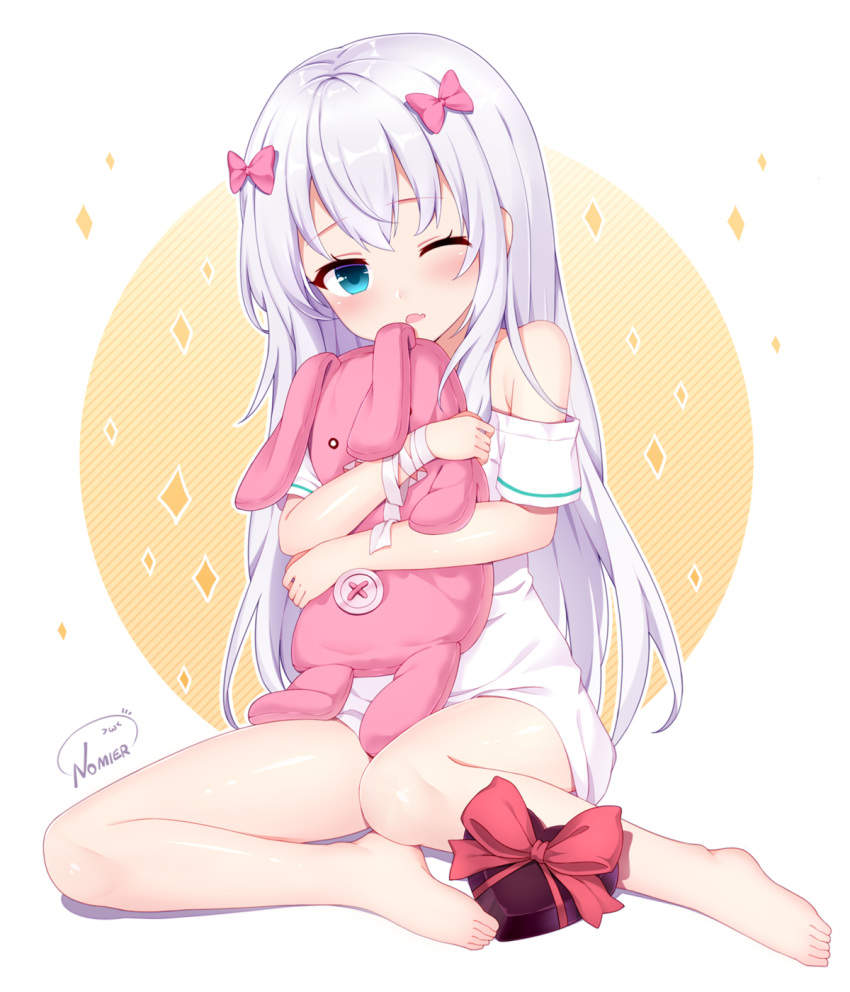 1girl artist_name barefoot blue_eyes blush bow eromanga_sensei fang gift hair_bow highres holding holding_stuffed_animal izumi_sagiri long_hair looking_at_viewer nomier one_eye_closed open_mouth pink_bow shirt solo stuffed_animal stuffed_bunny stuffed_toy valentine white_hair white_shirt