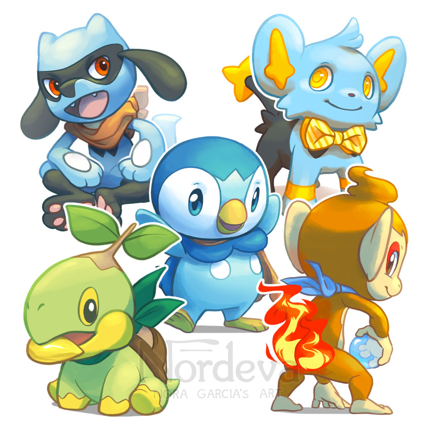 :d bird chimchar closed_mouth commentary creature english_commentary fushigi_no_dungeon gen_4_pokemon happy highres monkey no_humans nordeva open_mouth penguin piplup pokemon pokemon_(creature) pokemon_(game) pokemon_fushigi_no_dungeon riolu shinx simple_background sitting smile standing turtwig watermark white_background