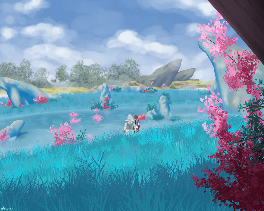 1boy 1girl absurdres avani cloud cloudy_sky day highres lora_(xenoblade_2) outdoors plant scenery shin_(xenoblade) sky tree water xenoblade_(series) xenoblade_2 xenoblade_2:_ogon_no_kuri_ira