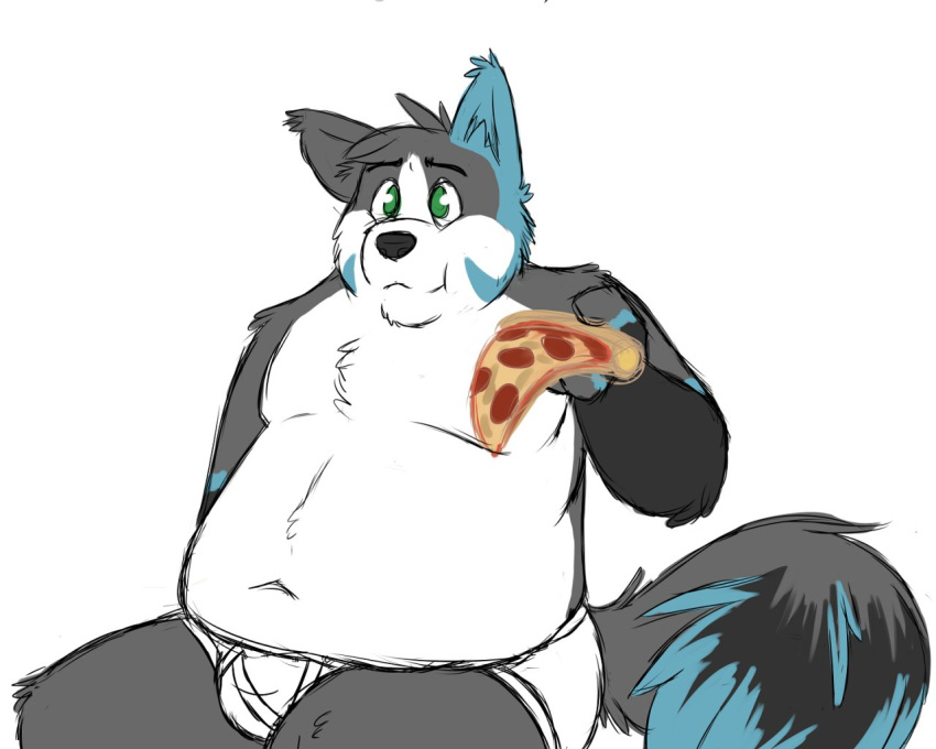 5:4 anthro belly bulge canid canine clothing food humanoid_hands iavan male mammal navel overweight overweight_male pizza simple_background solo underwear white_background