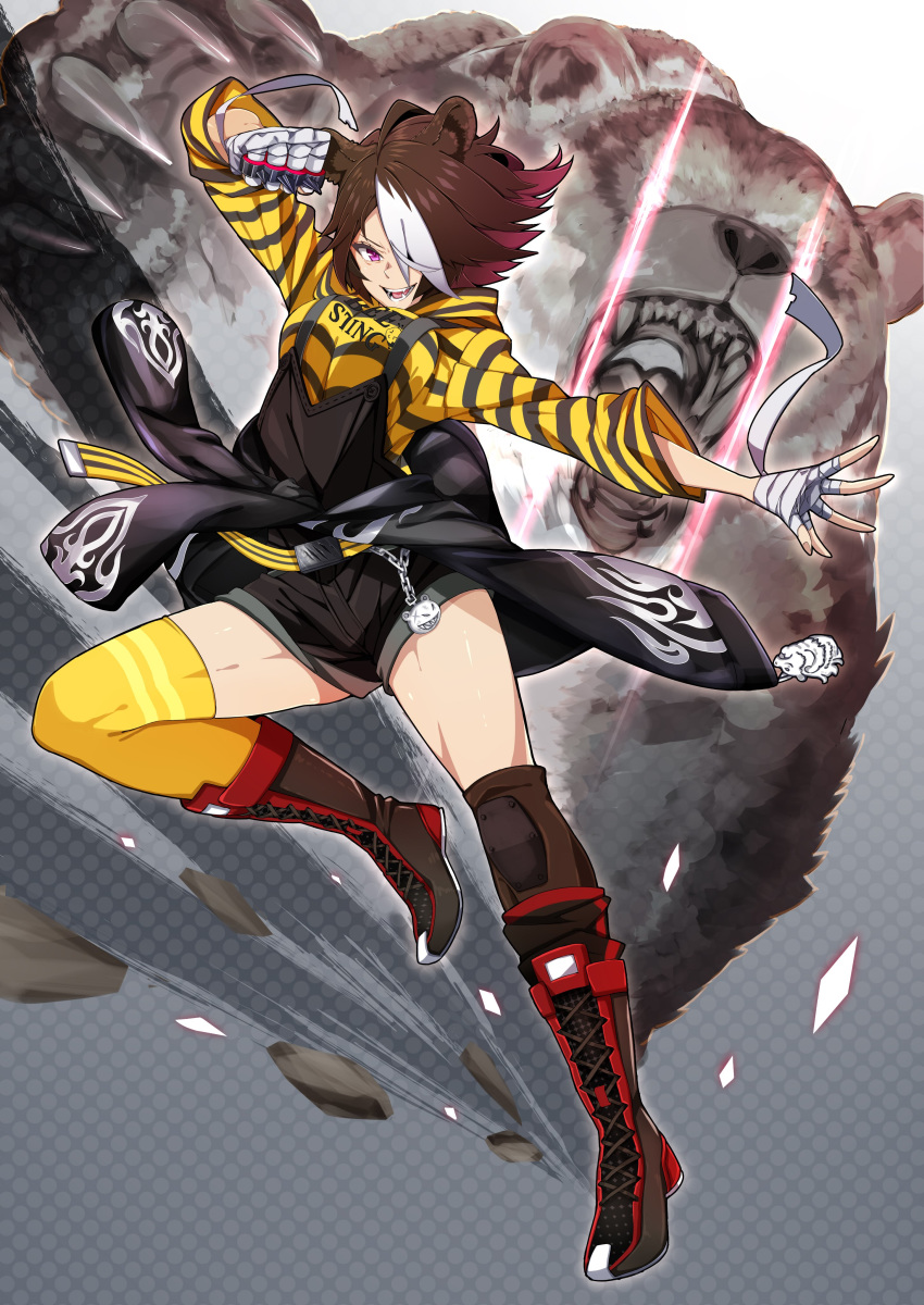 1girl absurdres animal_ears arknights bandaged_hands bandages bear bear_ears belt belt_buckle black_shorts black_sweater brown_footwear brown_hair buckle c_nov00 chain charm_(object) fangs fingernails highres holding holding_weapon knee_pads multicolored multicolored_hair open_mouth pink_hair purple_eyes shorts smile solo spiked_knuckles sweater teeth thighhighs tongue weapon white_hair yellow_legwear