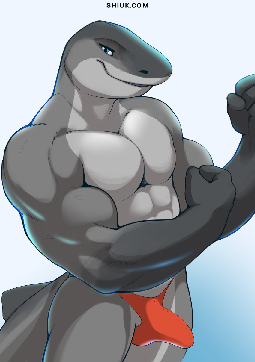 2020 absurd_res anthro biceps bulge clothed clothing fish genital_outline grey_body hi_res looking_at_viewer male marine muscular muscular_male penis_outline shark shiuk simple_background solo text topless url vein