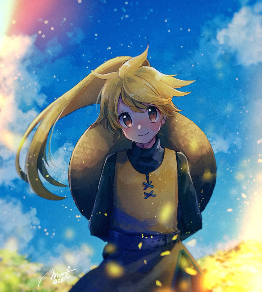 belt blonde_hair blue_sky blush brown_eyes closed_mouth cloud cloudy_sky day flat_chest highres long_hair long_sleeves looking_at_viewer mu_acrt outdoors pokemon pokemon_special ponytail signature sky smile standing yellow_(pokemon)