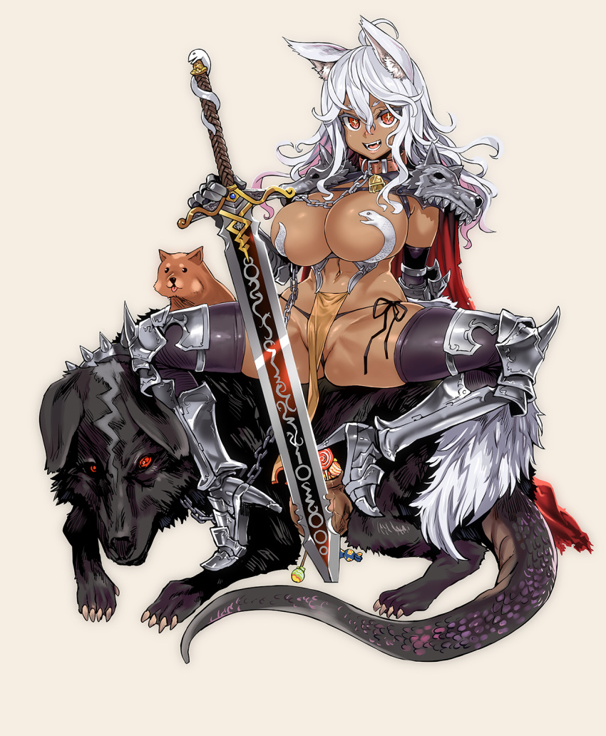 1girl ahoge animal animal_ear_fluff animal_ears arm_behind_back armor asanagi beige_background bell black_eyes black_legwear brown_collar candy cape chain collar dark_skin dog fangs food fox_ears gauntlets greaves hair_between_eyes high_heels highres holding holding_sword holding_weapon lollipop long_hair navel open_mouth original pauldrons pink_lips pot red_cape red_eyes simple_background sitting_on_animal smile spiked_collar spikes spread_legs sword tail thighhighs tongue tongue_out torn_cape torn_clothes vambraces weapon white_hair wolf_tail