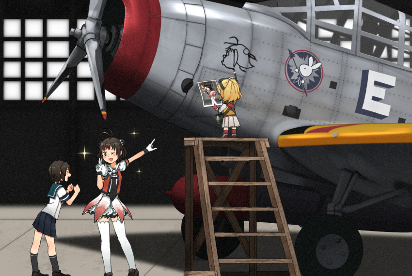 3girls aircraft airplane annin_musou antenna_hair black_hair black_neckwear blonde_hair blue_sailor_collar blue_skirt brown_eyes closed_eyes double_bun fairy_(kantai_collection) gloves indoors kantai_collection ladder miyuki_(kantai_collection) multiple_girls naka_(kantai_collection) necktie one_eye_closed photo_(object) pleated_skirt pointing puffy_short_sleeves puffy_sleeves remodel_(kantai_collection) sailor_collar school_uniform serafuku short_hair short_sleeves skirt standing tbd_devastator thighhighs v white_gloves white_legwear