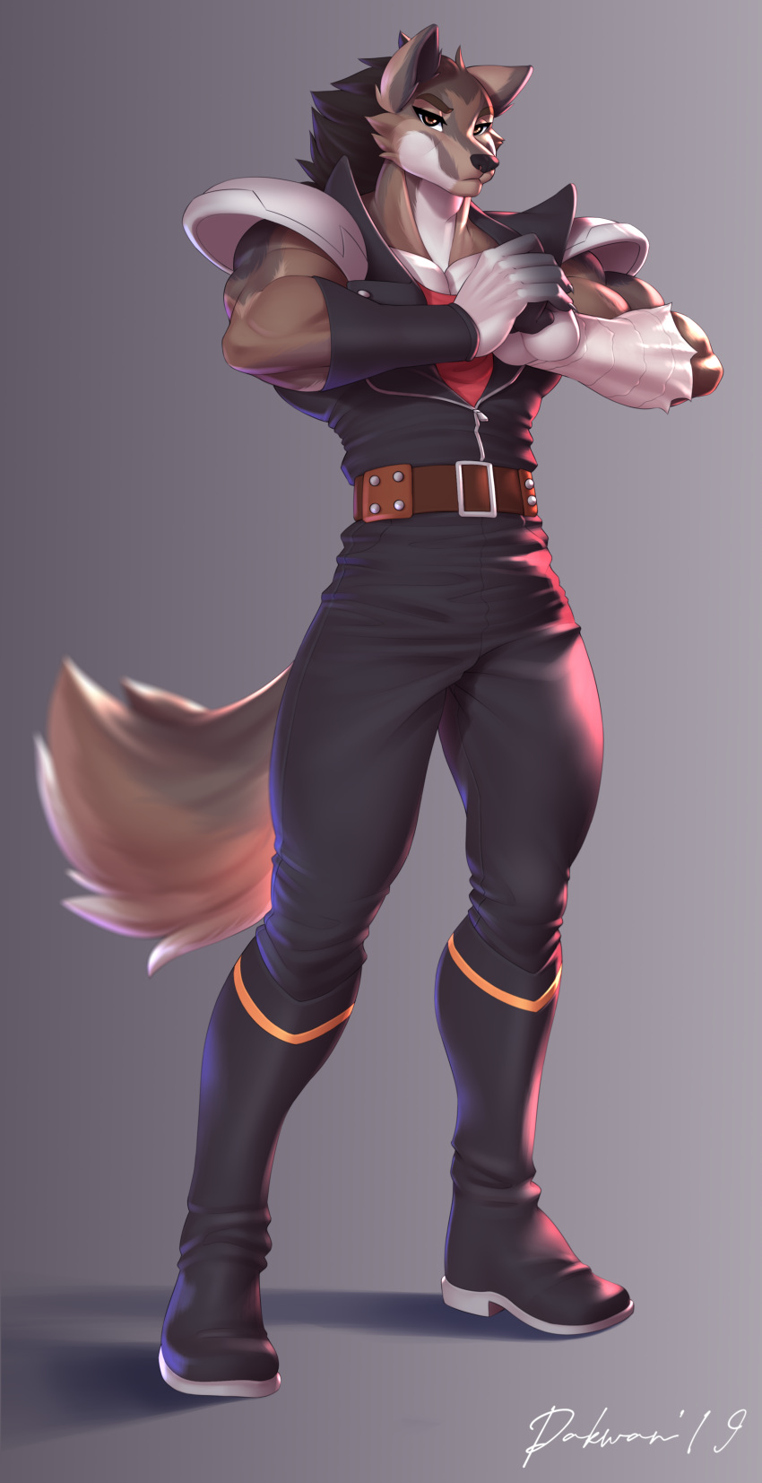 absurd_res anthro belt canid canine clothed clothing fist_of_the_north_star footwear fully_clothed fur hi_res looking_at_viewer mammal nate_(troenie) pakwan008 solo