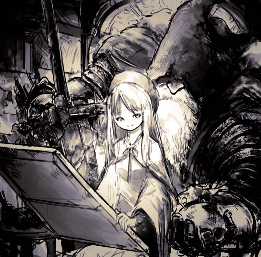 1boy 1girl age_difference armor canvas_(object) cape dark_souls facial_hair hat highres holding holding_sword holding_weapon hood hood_up indoors long_hair long_sleeves mnnnya sitting sitting_on_lap sitting_on_person sketch smile souls_(from_software) sword table weapon