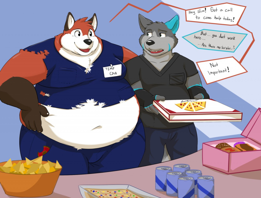 anthro belly bottomwear canid canine clothing duo english_text food humanoid_hands iavan male mammal navel obese overweight overweight_male pants shirt text topwear