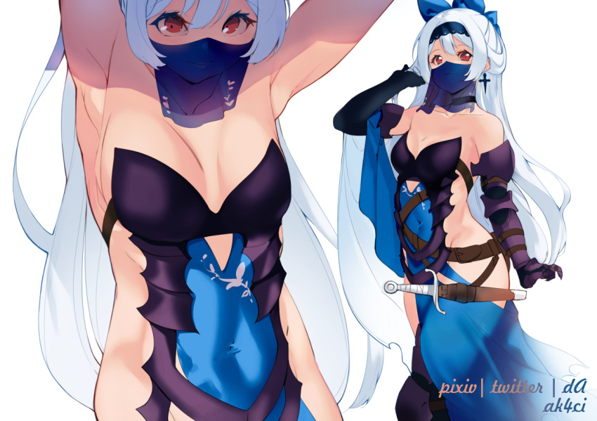 1girl aka--chi armpits arms_up artist_name bare_shoulders belt black_gloves blue_bow blue_tabard bow breastplate breasts choker cleavage commentary covered_navel cowboy_shot dagger dagger_earrings dancer drop_earrings earrings elbow_gloves english_commentary floral_print gauntlets girls_frontline gloves hair_bow hand_in_hair jewelry labyrinth_of_the_dark lace-trimmed_hairband long_hair looking_at_viewer mouth_veil navel navel_cutout no_panties red_eyes sabaton sheath sideboob sidelocks simple_background small_breasts smile solo tabard tokarev_(girls_frontline) vambraces very_long_hair weapon white_background white_hair