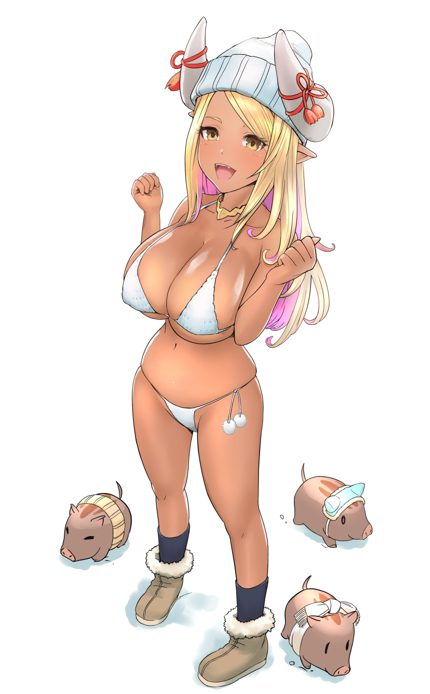 1girl absurdres bangs bikini black_legwear blush boots breasts cleavage collarbone dark_skin fangs fetishy granblue_fantasy hair_ribbon hat highres horns jewelry kuvira_(granblue_fantasy) large_breasts long_hair looking_at_viewer navel necklace open_mouth pig pointy_ears ribbon simple_background smile socks solo swimsuit white_background white_bikini