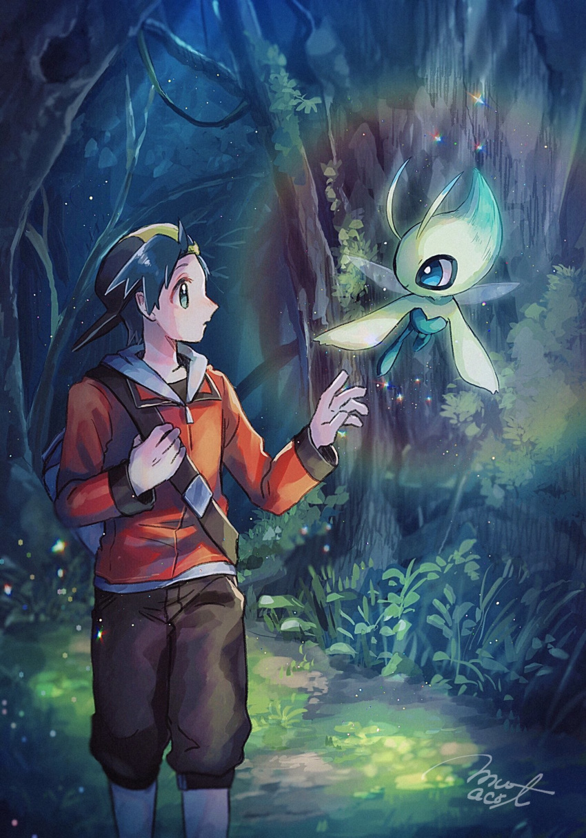 1boy asymmetrical_bangs backwards_hat bangs baseball_cap black_eyes black_hair blue_eyes celebi creature eye_contact flying forest gen_2_pokemon glowing gold_(pokemon) hat highres insect_wings long_sleeves looking_at_another male_focus mu_acrt nature pokemon pokemon_(creature) pokemon_(game) pokemon_hgss signature sparkle standing tree wings
