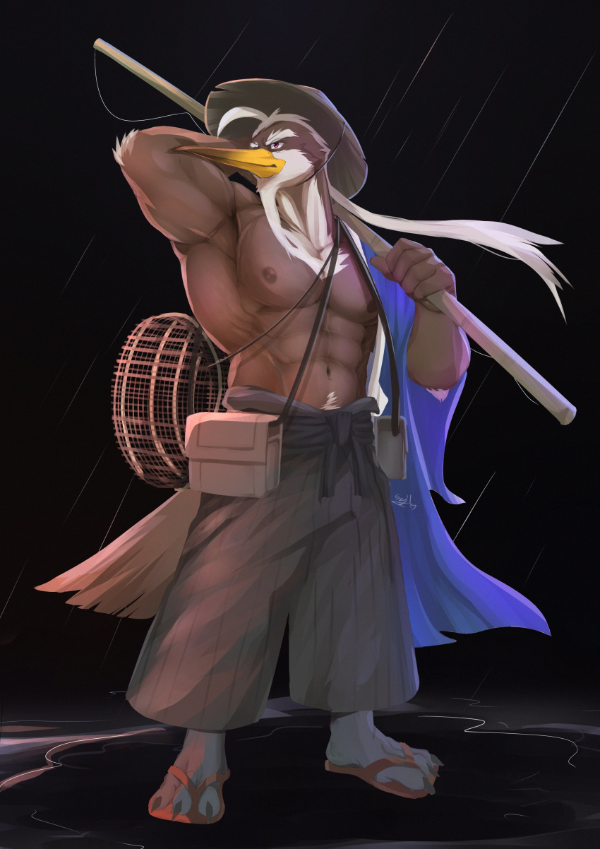absurd_res anthro avian beak biped black_background bottomwear brown_body brown_feathers clothed clothing feathers fishing_rod hat headgear headwear hi_res holding_fishing_rod male multicolored_body multicolored_feathers muscular muscular_male nipples raining simple_background soji_gr topless two_tone_body two_tone_feathers white_body white_feathers