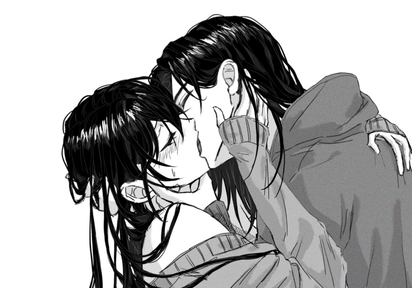 1boy 1girl arm_around_neck black_hair blush closed_eyes commentary_request couple eren_yeager french_kiss grey_jacket greyscale hair_between_eyes hand_on_another's_chin hand_on_own_cheek hand_on_own_face hayeong5097 hetero highres jacket kiss korean_commentary long_hair medium_hair mikasa_ackerman monochrome off-shoulder_sweater off_shoulder shingeki_no_kyojin sweat sweater white_background