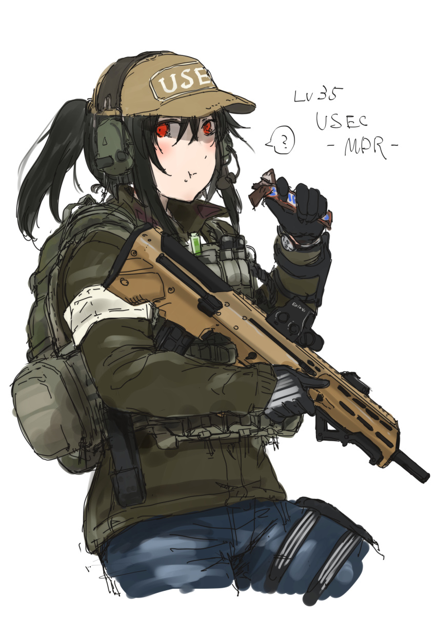 1girl ? ayyh backpack bag baseball_cap black_hair blush bullpup candy candy_bar commentary_request desert_tech_mdr ear_protection eating escape_from_tarkov food hat highres jacket leg_holster military_operator red_eyes reflex_sight short_ponytail snickers tactical_clothes white_background