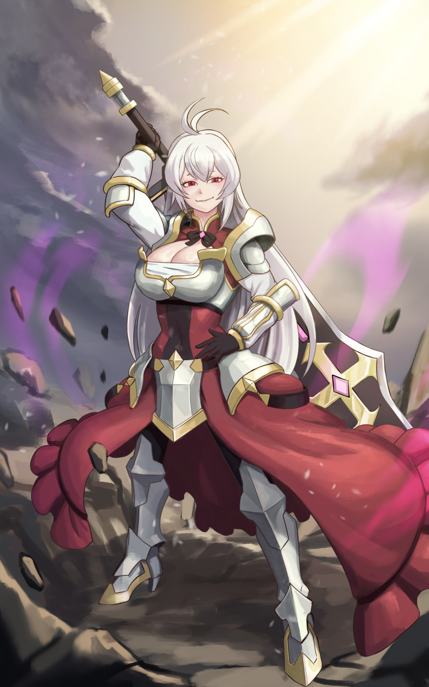 1girl absurdres ahoge arm_armor armor armored_boots armored_dress black_bow black_bowtie black_gloves boobplate boots bow bowtie breastplate breasts cleavage cleavage_cutout clothing_cutout cloud commentary_request crater debris dress extremebladegod faulds full_body gloves greatsword greaves hair_between_eyes high_heel_boots high_heels highres holding holding_sword holding_weapon huge_weapon large_breasts lens_flare long_hair mugen_gacha nazuna_(mugen_gacha) outdoors over_shoulder pauldrons red_dress red_eyes shoulder_armor smile solo sword sword_over_shoulder two-handed_sword vambraces weapon weapon_over_shoulder white_hair