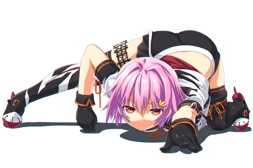1girl all_fours ass black_gloves brown_eyes commentary_request dd_(ijigendd) eyebrows_visible_through_hair full_body gloves hair_ornament hairclip kantai_collection looking_at_viewer purple_hair remodel_(kantai_collection) rudder_footwear shoes short_hair short_sleeves shorts simple_background skirt solo tama_(kantai_collection) thigh_strap thighhighs white_background