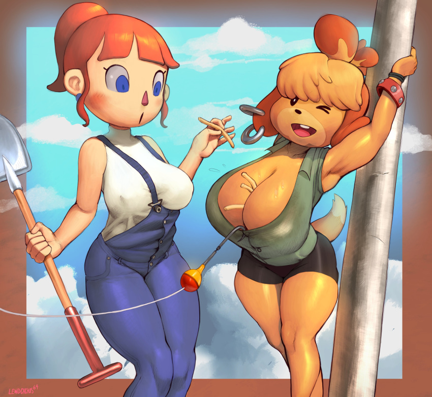 2020 absurd_res animal_crossing anthro big_breasts blonde_hair blue_eyes breasts canid canine canis cleavage clothed clothing domestic_dog duo ear_piercing ear_ring female food fries hair hi_res holding_object human isabelle_(animal_crossing) lewdcactus mammal nintendo one_eye_closed open_mouth overalls piercing shih_tzu shovel tools toy_dog video_games villager_(animal_crossing)