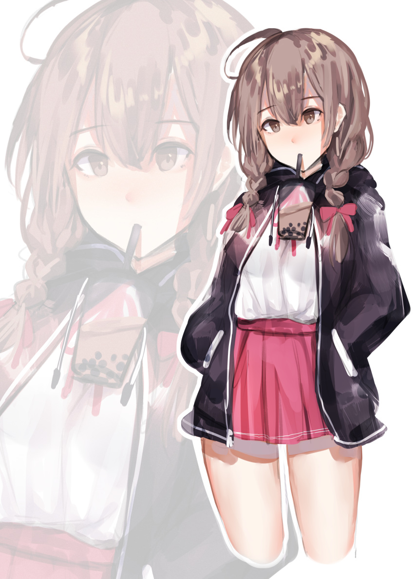 1girl absurdres ahoge black_jacket braid brown_eyes brown_hair bubble_tea bubble_tea_challenge cowboy_shot cropped_legs cup disposable_cup drinking_straw drinking_straw_in_mouth hands_in_pockets highres jacket kagura_miyabi kantai_collection long_hair mouth_hold object_on_breast pink_skirt pleated_skirt shinshuu_maru_(kantai_collection) shirt skirt solo twin_braids white_shirt zoom_layer