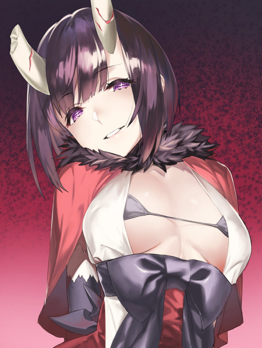 +_+ 1girl 92m arms_behind_back bangs black_bikini_top black_gloves breasts broken_horn brown_hair capelet fur-trimmed_capelet fur_trim gauntlets gloves gradient gradient_background highres horns kuraishi_eriko looking_at_viewer micro_bikini_top parted_lips princess_connect! princess_connect!_re:dive purple_eyes red_capelet sash short_hair smile solo