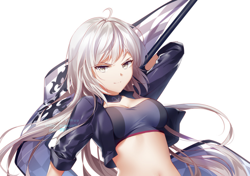 1girl ahoge arm_up bandeau black_jacket breasts brown_eyes choker crop_top cropped_jacket fate/grand_order fate_(series) jacket jeanne_d'arc_(alter)_(fate) jeanne_d'arc_(fate)_(all) long_hair long_sleeves looking_at_viewer medium_breasts midriff open_clothes open_jacket race_queen rimuu silver_hair simple_background smile solo upper_body v-shaped_eyebrows white_background