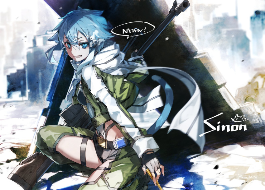 animal_ears anti-materiel_rifle aqua_eyes aqua_hair blue_eyes blue_hair bolt_action bunbun cat_ears fingerless_gloves gloves gun hair_ornament hairclip highres pgm_hecate_ii rifle scarf short_hair short_shorts shorts sinon sniper_rifle sword_art_online weapon