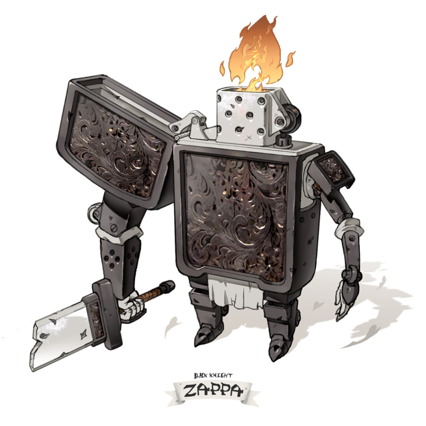 broken broken_sword broken_weapon character_name english_text engraved fire full_body holding holding_sword holding_weapon knight lighter mante_(qt_mantis) original robot shadow standing sword weapon white_background white_loincloth zippo_lighter