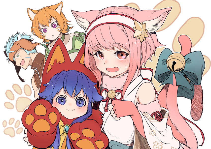 1boy 3girls animal_hood bell blue_eyes blue_hair cat_day cat_hood cat_tail closed_mouth facial_mark fingerless_gloves fire_emblem fire_emblem:_path_of_radiance fire_emblem:_the_blazing_blade fire_emblem_fates fire_emblem_heroes from_side fur_trim gloves green_eyes hairband halloween_costume highres hood japanese_clothes lethe_(fire_emblem) lilina_(fire_emblem) long_hair multiple_girls nakabayashi_zun open_mouth orange_hair pink_eyes pink_gloves pink_hair purple_eyes ranulf_(fire_emblem) sakura_(fire_emblem) short_hair smile tail