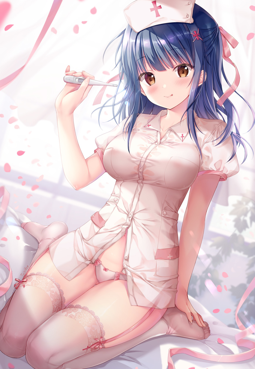 1girl :q blue_hair breasts brown_eyes buttons collared_shirt commentary_request dress_shirt garter_straps hair_ornament hair_ribbon half_updo hand_up hat highres holding large_breasts long_hair looking_at_viewer nanami_yuuno no_pants no_shoes nurse nurse_cap original panties partially_unbuttoned petals ribbon shirt short_sleeves sitting smile solo sousouman thermometer thighhighs tongue tongue_out underwear wariza white_legwear white_panties white_shirt