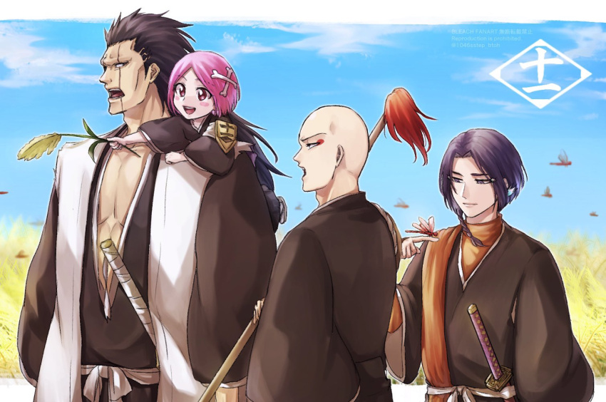 1046sstep_btoh 1girl 3boys ayasegawa_yumichika bald black_hair bleach bleach:_sennen_kessen-hen blue_sky bone_hair_ornament braid commentary_request dragon eyeliner hair_ornament holding holding_plant holding_polearm holding_weapon houzukimaru_(shikai) kusajishi_yachiru long_hair madarame_ikkaku makeup multiple_boys open_mouth pink_eyes pink_hair plant polearm red_eyeliner sandals scar scar_across_eye scar_on_cheek scar_on_face scar_on_mouth shihakusho short_hair side_braid size_difference sky socks sword turtleneck watermark weapon white_socks zaraki_kenpachi