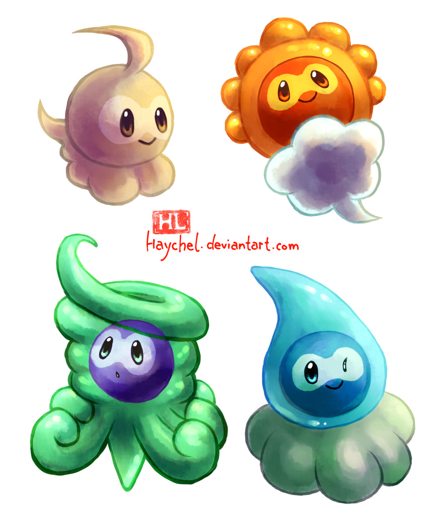 blue_eyes brown_eyes castform closed_mouth creature full_body gen_3_pokemon green_eyes haychel highres one_eye_closed pokemon pokemon_(creature) smile transparent_background watermark web_address