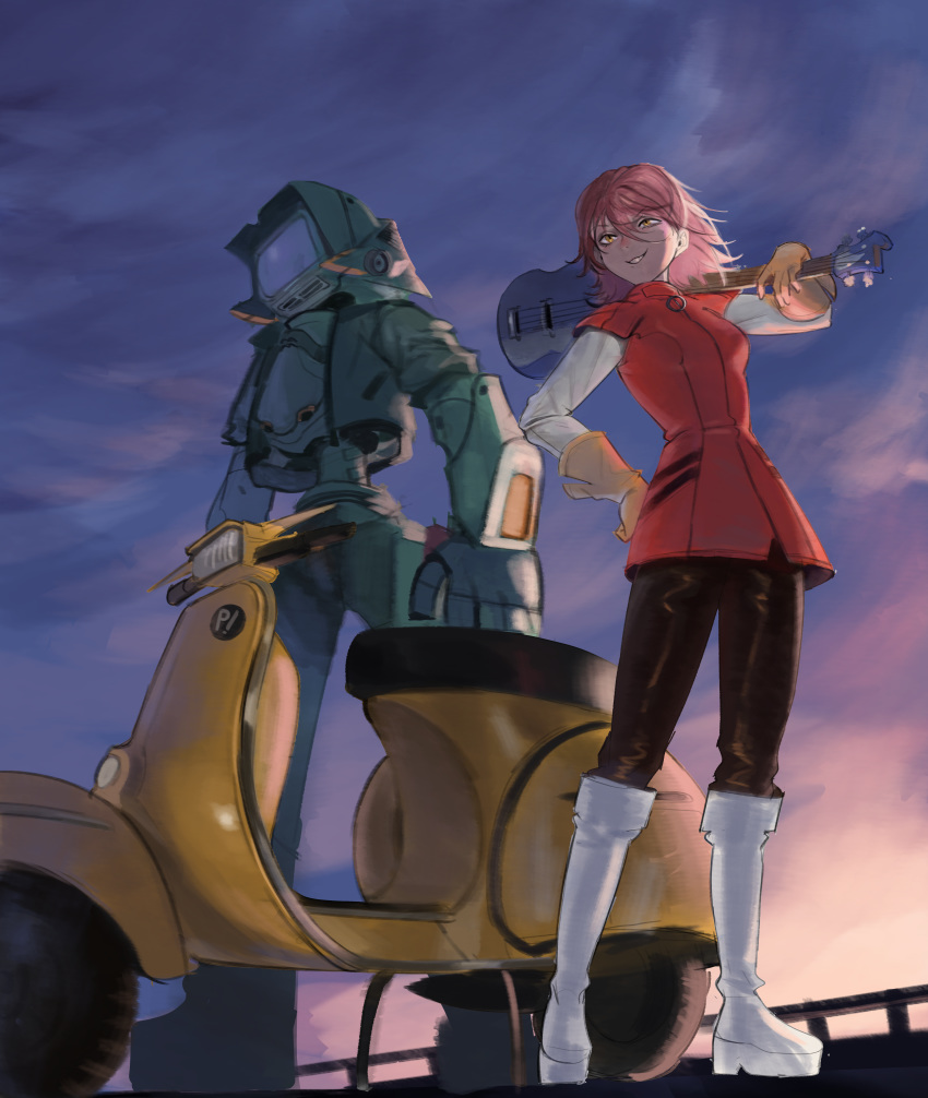 1girl absurdres bass_guitar boots canti flcl full_body gomchimaen ground_vehicle haruhara_haruko highres huge_filesize instrument motor_vehicle outdoors pink_hair platform_footwear rickenbacker robot scooter vespa white_legwear yellow_eyes