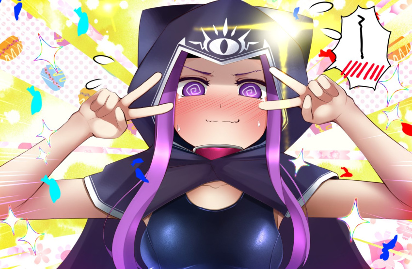 1girl @_@ blush cape commentary_request double_v emotional_engine_-_full_drive fate/grand_order fate_(series) flying_sweatdrops hood hooded_cape kuro_yanagi long_hair looking_at_viewer macaron_background medusa_(lancer)_(fate) nose_blush purple_eyes purple_hair school_swimsuit sidelocks solo spoken_blush swimsuit upper_body v wavy_mouth