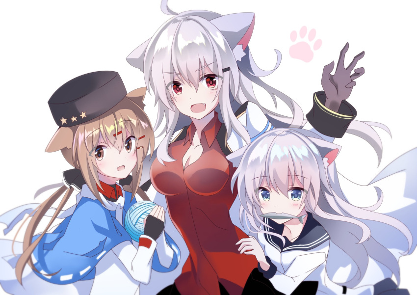 3girls animal_ear_fluff animal_ears black_bow black_gloves black_headwear black_sailor_collar black_skirt blue_eyes blue_shawl bow brown_eyes brown_hair cat_ears facial_scar fang fathom fingerless_gloves gangut_(kantai_collection) gloves grey_hair hair_bow hibiki_(kantai_collection) highres jacket kantai_collection long_hair low_twintails multiple_girls papakha paw_print red_eyes red_shirt sailor_collar scar scar_on_cheek scarf school_uniform serafuku shirt simple_background skirt tashkent_(kantai_collection) torn_scarf twintails verniy_(kantai_collection) white_background white_hair white_jacket white_scarf