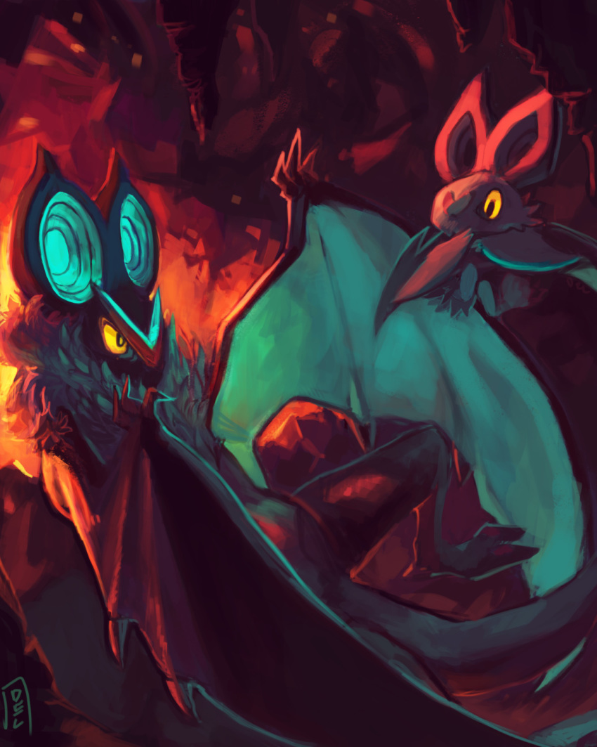 bat cave commentary creature delano-laramie english_commentary eye_contact flying full_body gen_6_pokemon highres looking_at_another no_humans noibat noivern pokemon pokemon_(creature) yellow_eyes