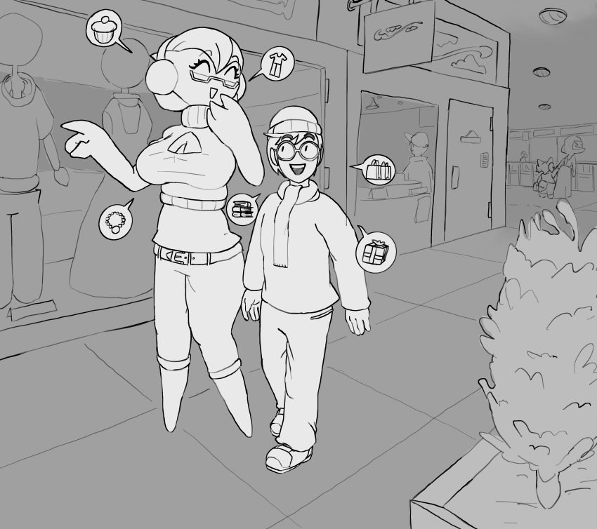 absurd_res anthro big_breasts braixen breasts clothed clothing dr._voir duo_focus eyewear female gardevoir glasses group hi_res human humanoid mall mammal monochrome nintendo not_furry_focus oofrowdy pok&eacute;mon pok&eacute;mon_(species) trainer video_games