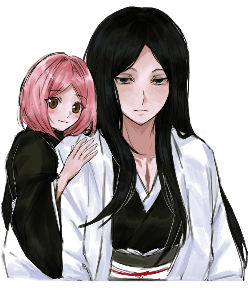 2girls anima_tion_1 black_hair black_kimono bleach bleach:_sennen_kessen-hen blue_eyes blush_stickers brown_eyes empty_eyes expressionless hair_intakes haori highres japanese_clothes kimono kusajishi_yachiru long_hair medium_hair multiple_girls pink_hair scar scar_on_chest size_difference smile taichou_haori unohana_retsu white_haori wide_sleeves