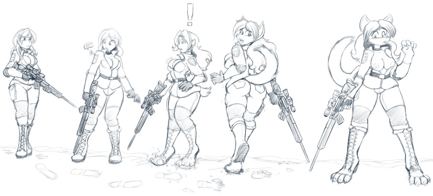 2013 alternate_species anthro breast_expansion breasts butt camel_toe canid canine canis dart female gun hair hi_res human human_to_anthro konami mammal metal_gear monochrome nipples ranged_weapon rifle sequence sniper_wolf solo species_transformation surprise tail_growth tgwonder transformation video_games weapon wolf