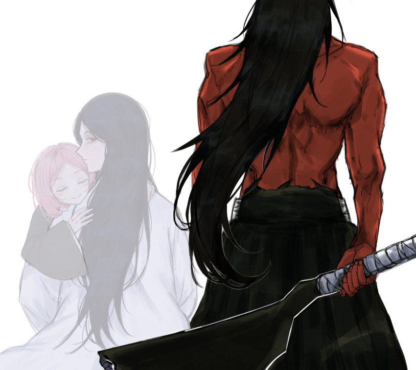 1boy 2girls anima_tion_1 bankai black_hair bleach bleach:_sennen_kessen-hen blush_stickers carrying carrying_person colored_skin from_behind haori highres holding holding_weapon japanese_clothes kusajishi_yachiru long_hair looking_back multiple_girls muscular muscular_male pink_hair red_eyes red_skin taichou_haori topless_male unohana_retsu very_long_hair weapon white_haori zaraki_kenpachi