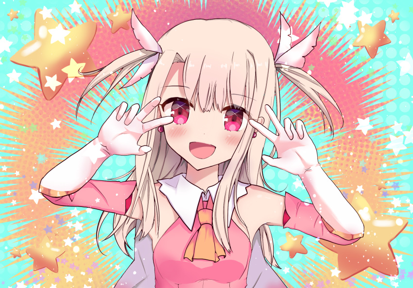 1girl artist_request ascot bangs bare_shoulders blue_background blush breasts cape double_v dress earrings emotional_engine_-_full_drive fate/grand_order fate/kaleid_liner_prisma_illya fate_(series) feathers gloves hair_feathers hands_up highres illyasviel_von_einzbern jewelry parody pink_background pink_dress pink_eyes pink_feathers pink_sleeves prisma_illya small_breasts solo sparkle star two-tone_background two_side_up v white_cape white_gloves white_hair
