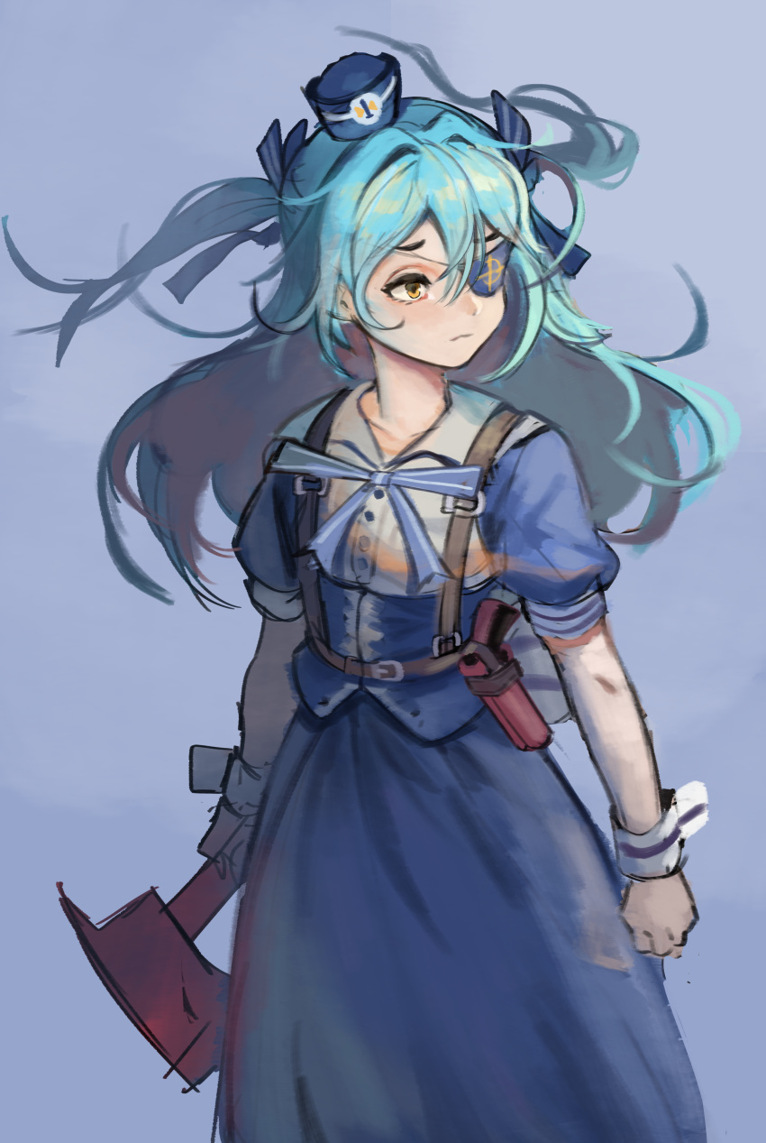 1girl absurdres black_eyepatch blue_background blue_dress dress fire_axe flare_gun gomchimaen hair_ribbon hat highres last_origin light_blue_hair long_hair looking_away lrl_(last_origin) print_eyepatch ribbon simple_background solo twintails two_side_up wrist_cuffs