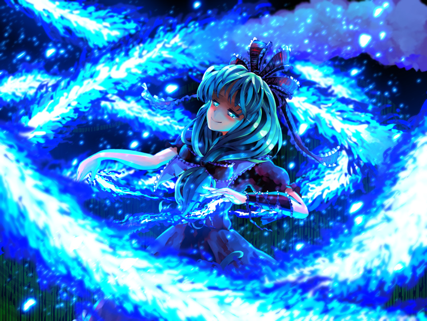 1girl abstract abstract_background arm_ribbon attack bare_arms blue_eyes blue_hair closed_mouth collar collared_shirt dress eyebrows eyebrows_visible_through_hair frilled_collar frilled_ribbon frilled_shirt_collar frills front_ponytail glowing glowing_eyes hair_ribbon highres kagiyama_hina light light_particles looking_at_viewer open_eyes ponytail puffy_short_sleeves puffy_sleeves ribbon shaded_face shirt short_sleeves smile solo spell_card standing sunyup touhou upper_body