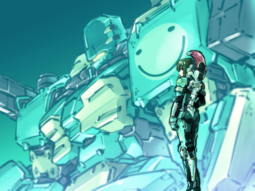 1girl armored_core armored_core:_for_answer ass green_eyes green_hair highres ishiyumi may_greenfield mecha merrygate pilot_suit smiley_face standing