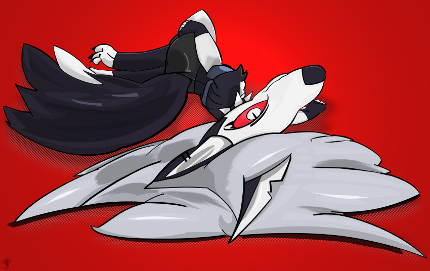 abstract_background absurd_res amespinkinson anthro black_body black_bottomwear black_clothing black_fur black_shorts bottomwear canid canine clothing crop_top demon female fingerless_gloves fluffy fluffy_tail fur gloves hair handwear hellaverse helluva_boss hi_res leg_grab looking_at_viewer loona_(helluva_boss) lying mammal on_side red_eyes shirt shorts solo tail topwear white_body white_fur white_hair