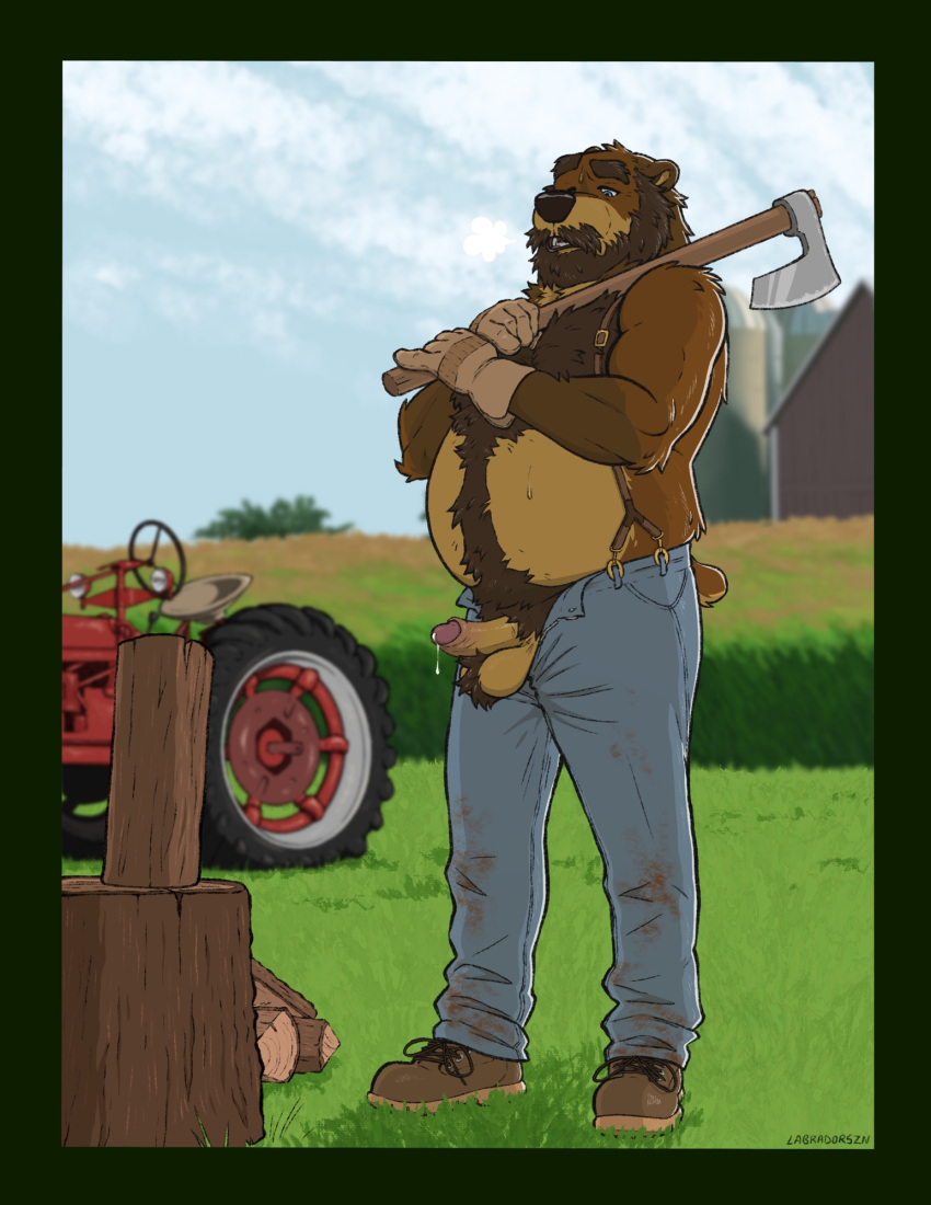 2026 anthro axe ball_tuft balls bear beard blue_eyes bodily_fluids body_hair bottomwear brown_body brown_fur chest_hair clothed clothing countershade_balls countershade_face countershade_genitalia countershade_torso countershading denim denim_bottomwear denim_clothing erection facial_hair footwear fur genitals grass hi_res holding_object holding_weapon humanoid_genitalia humanoid_penis jeans labradorszn male male_anthro mammal musclegut muscular muscular_anthro muscular_male mustache outside overweight overweight_anthro overweight_male pants penis pink_penis plant pubes shoes solo standing suspenders sweat tail tan_body tan_fur tan_penis topless topless_anthro topless_male tractor tuft vehicle weapon wood