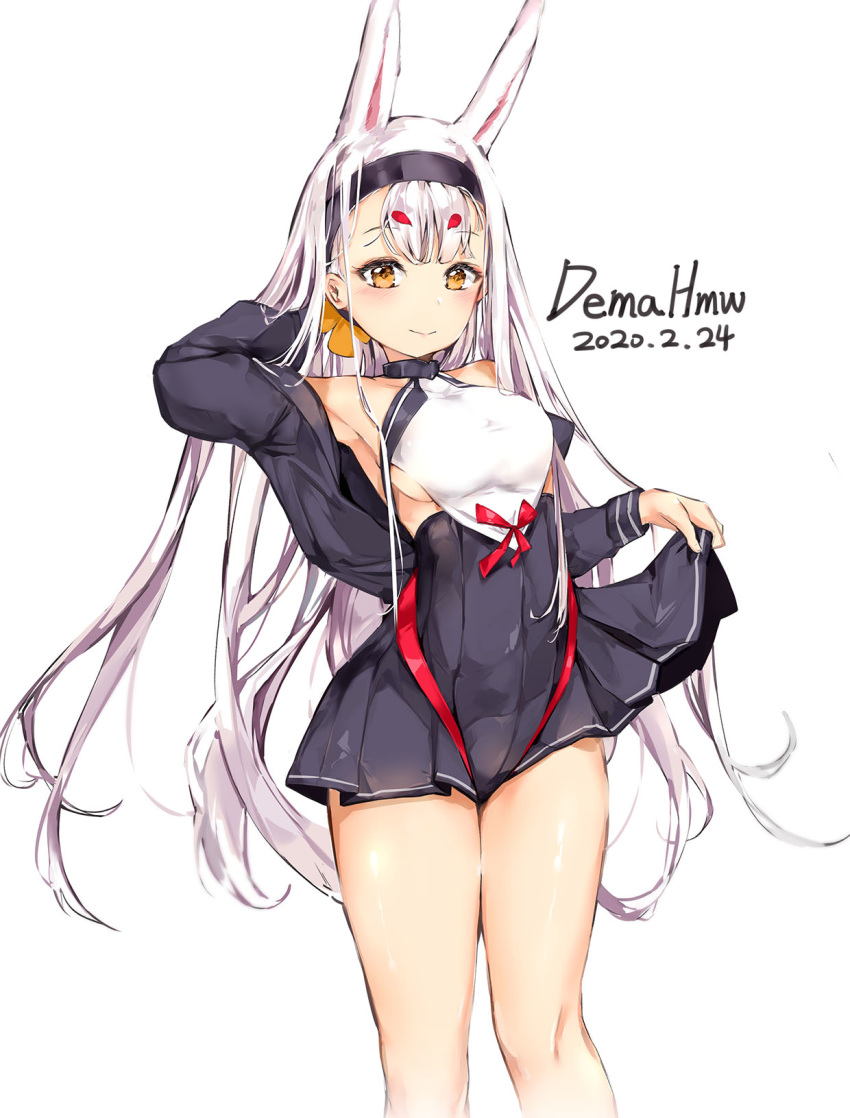 1girl animal_ears arm_up armpits azur_lane bare_shoulders black_dress black_jacket breasts brown_eyes bunny_ears dated dress hairband highres hmw_(pixiv7054584) jacket long_hair looking_at_viewer medium_breasts off_shoulder open_clothes open_jacket pleated_dress shimakaze_(azur_lane) simple_background sleeveless sleeveless_dress smile solo thighs very_long_hair white_background white_hair