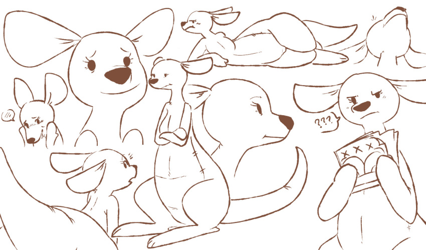 2026 angry animate_inanimate anthro biped black_nose blush crossed_arms digital_drawing_(artwork) digital_media_(artwork) disney dot_eyes eyebrows eyelashes female grumpy hand_on_head holding_magazine kanga kangaroo kangaroo_tail living_plushie long_feet looking_back lying macropod magazine mammal marsupial multiple_poses neutral_expression on_side plushie porn_magazine pornography pose pouch_(anatomy) pubic_mound question_mark raised_tail seam_(sewing) seductive side_profile simple_background simple_eyes smile solo speech_bubble standing tail the_weaver thick_thighs white_background wide_hips winnie_the_pooh_(franchise)