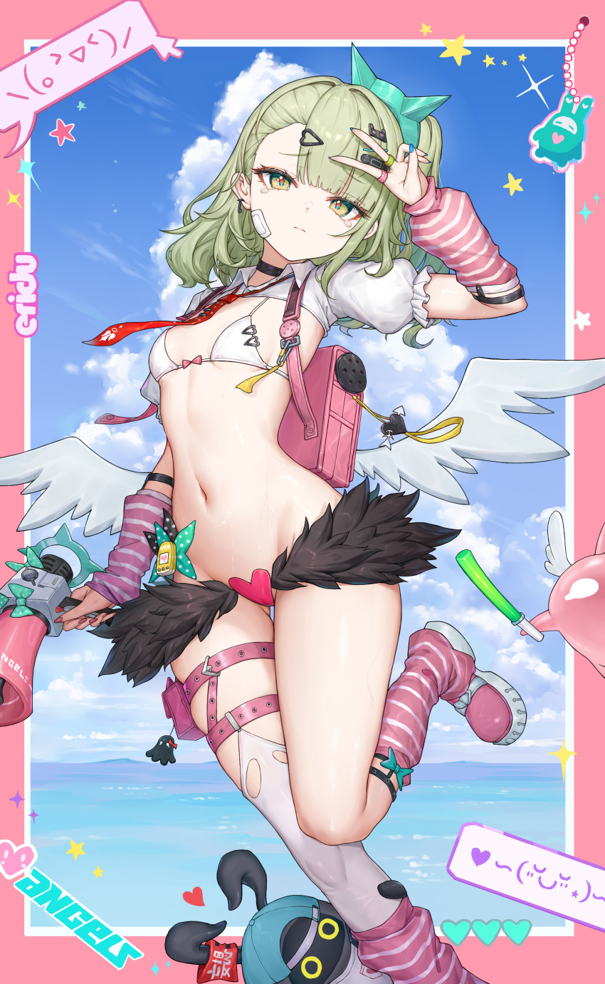 1girl absurdres arm_up arm_warmers ass_visible_through_thighs backpack bag bandaid bandaid_on_cheek bandaid_on_face bangboo_(zenless_zone_zero) belt belt_pouch biggest_fan_(zenless_zone_zero) bikini black_choker blue_sky breasts cameltoe choker commentary frown fur_skirt green_eyes green_hair hair_ornament hairclip heart_pasties highres holding holding_megaphone jewelry kiriko_(araragikoyomi) leg_up long_hair looking_at_viewer low_wings megaphone nail_polish navel necktie one_side_up pasties pink_shoes pink_socks pouch randoseru red_necktie ring shoes short_necktie short_sleeves shrug_(clothing) single_thighhigh skindentation sky small_breasts socks solo stomach string_bikini striped_clothes striped_socks sunna_(zenless_zone_zero) swimsuit tearing_up thigh_belt thigh_gap thigh_strap thighhighs thighs v white_bikini white_shrug white_thighhighs wing_collar wings zenless_zone_zero