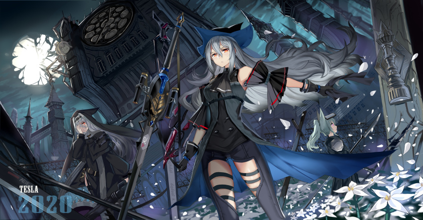 3girls animal_ears arknights bangs bare_shoulders black_dress black_gloves black_headwear black_pants breasts building clock clock_tower covering_one_eye dress eyebrows_visible_through_hair floating_hair full_moon gloves grani_(arknights) grey_hair habit hair_between_eyes hat highres holding holding_weapon horse_ears jacket large_breasts long_hair long_sleeves looking_at_viewer moon multiple_girls night nun pants petals qihai_lunpo red_eyes saw_blade shirt sidelocks silver_hair skadi_(arknights) specter_(arknights) thigh_cutout tower very_long_hair weapon wind