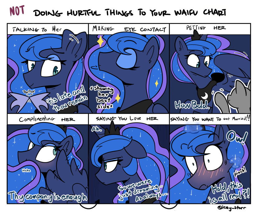 2024 absurd_res ambiguous_gender anon armor blue_body blue_eyes blue_fur blue_hair blush crown dialogue duo equid equine eyelashes female feral friendship_is_magic fur hair hasbro headgear hi_res horn icey_(artist) mammal meme my_little_pony mythological_creature mythological_equine mythology petting pinch pinching_self princess_luna_(mlp) romantic smile winged_unicorn wings